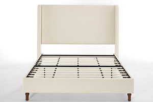 English Elm Harper Wingback King Bed Ivory Boucle Upholstery Walnut Legs Elegant Master Bedroom B191P458351