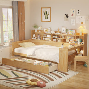 English Elm Wooden Twin Daybed with Trundle Built-in Desk and Open Shelves for Kids Rooms N733S373381M