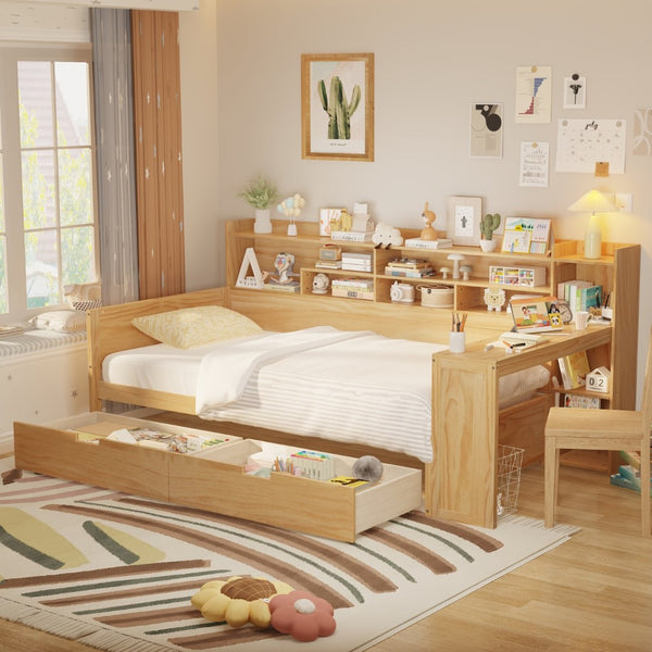 English Elm Wooden Twin Daybed with Trundle Built-in Desk and Open Shelves for Kids Rooms N733S373381M