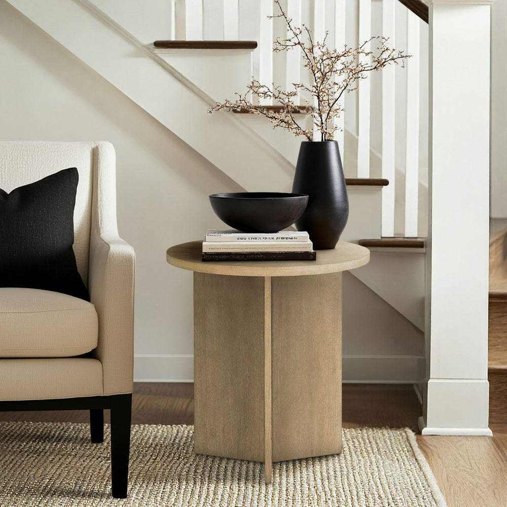 JLA Home Martha Stewart - Accent sculptural round starburst veneer table — compact nightstand or end table with durable finish Reclaimed Greige MT120-0187