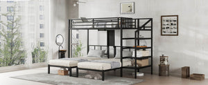 English Elm Twin Bunk Beds For 3 With Desk & Shelves, Space-Saving Metal Triple Bunk Bed, Noise Reduction, Black W1580S00116-GIGA