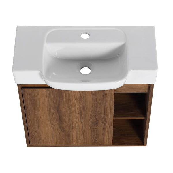 English Elm 24'' Wall-Mounted Bathroom Vanity with White Ceramic Sink, Soft-Close Door, Open Shelves, Moisture-Resistant Finish W999P263406