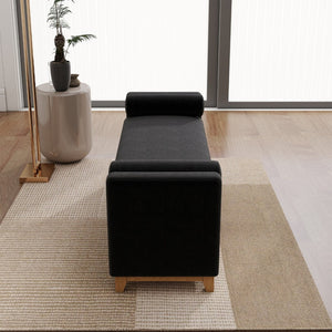 English Elm 66 Inch Sherpa Upholstered Storage Bench with Fluted Wood Base and Bolster Pillows Black+Neutral W1658P446125
