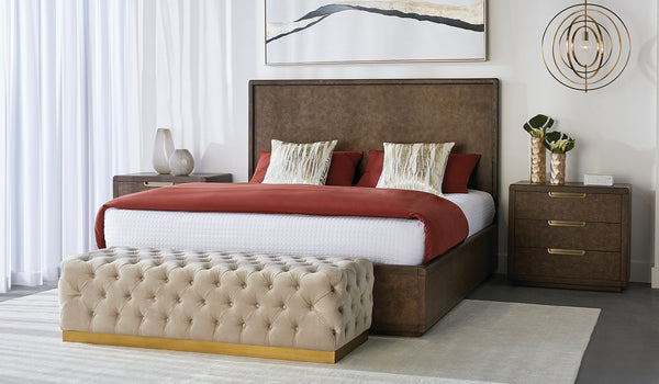 Sunpan Babette Bench - Glamorous Deep Tufted Seating with Burnished Brass Base for Stylish Interiors Piccolo Prosecco