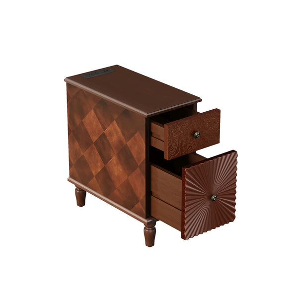 English Elm 2 Drawer Modern Sofa Side Table with Charging Station, Walnut Slim Nightstand with 2 AC/2 USB, 2 Drawers, Fully Assembled W2593P289143