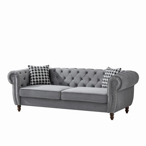English Elm 87"Chesterfield Velvet Upholstery Sofa with Roll Armrests & Nailhead Trim, 3-Seater Luxurious Midcentury Design Grey W3373S00010