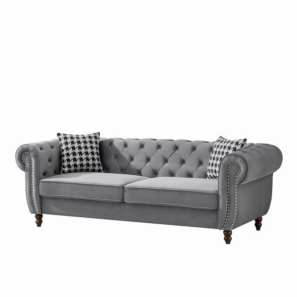 English Elm 87"Chesterfield Velvet Upholstery Sofa with Roll Armrests & Nailhead Trim, 3-Seater Luxurious Midcentury Design Grey W3373S00010