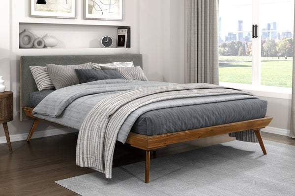 English Elm 1pc Queen Platform Bed Modern Upholstered Headboard in Dark Gray with Chestnut Wood Frame, Durable Design B011S01548