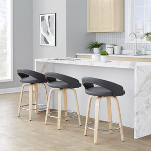 English Elm Fixed-height Swivel Counterstools Natural Wood Frame Grey Faux Leather Chrome Footrest Pair B202S01757