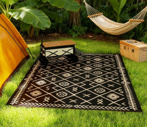 English Elm Easy Carry Reversible Outdoor Patio Rug Waterproof Polypropylene Flatweave Geometric Design Beige,Black T3971P421360