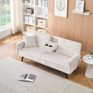 English Elm Minimalist Corduroy Sofa with Adjustable 3-Angle Recline, Dual Cup Holders, Solid Wood Frame White W1658P251978