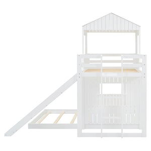 English Elm Wooden Twin Over Full Bunk Bed Farmhouse Playhouse Slide Pinewood Kids Loft White LT000328AAK