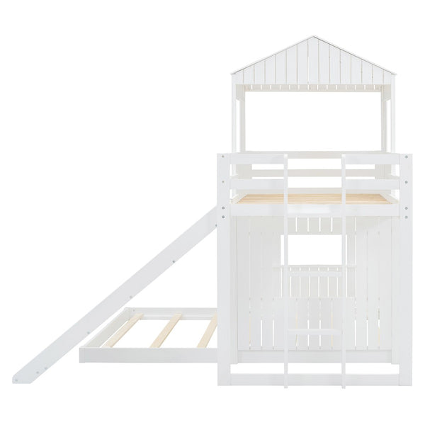 English Elm Wooden Twin Over Full Bunk Bed Farmhouse Playhouse Slide Pinewood Kids Loft White LT000328AAK