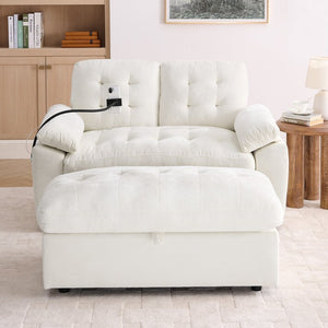 English Elm Leisure Chenille Two Seat Reclining Sofa with Usb Port Storage Ottoman Padded Armrests Beige W487S00520