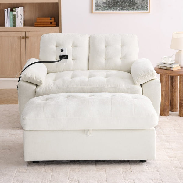 English Elm Leisure Chenille Two Seat Reclining Sofa with Usb Port Storage Ottoman Padded Armrests Beige W487S00520