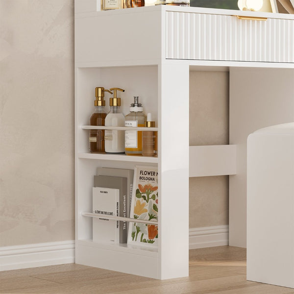 English Elm Vanity Desk Set with Led Mirror Charging Station Five Drawers and Cushioned Stool White T3773P416291