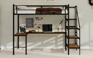 English Elm Loft loft bed with L-shaped desk, built-in storage stairs, 360° guardrail, sturdy iron frame for small rooms Black W1935S00003
