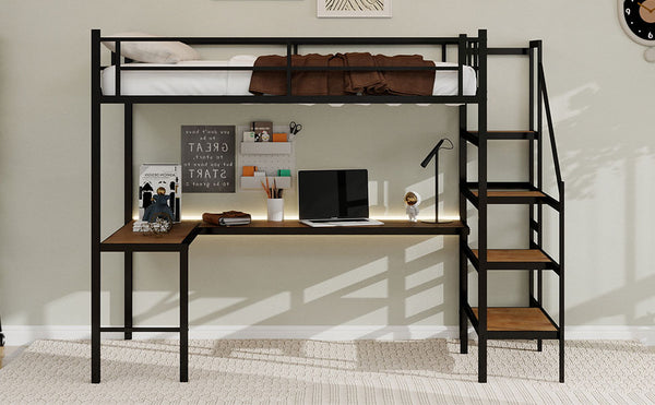 English Elm Loft loft bed with L-shaped desk, built-in storage stairs, 360° guardrail, sturdy iron frame for small rooms Black W1935S00003