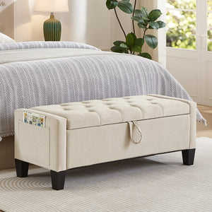 English Elm Ottoman Storage Bench Tufted Linen Upholstered Entryway Seat with Lift Top Shelf Beige W2186P465442
