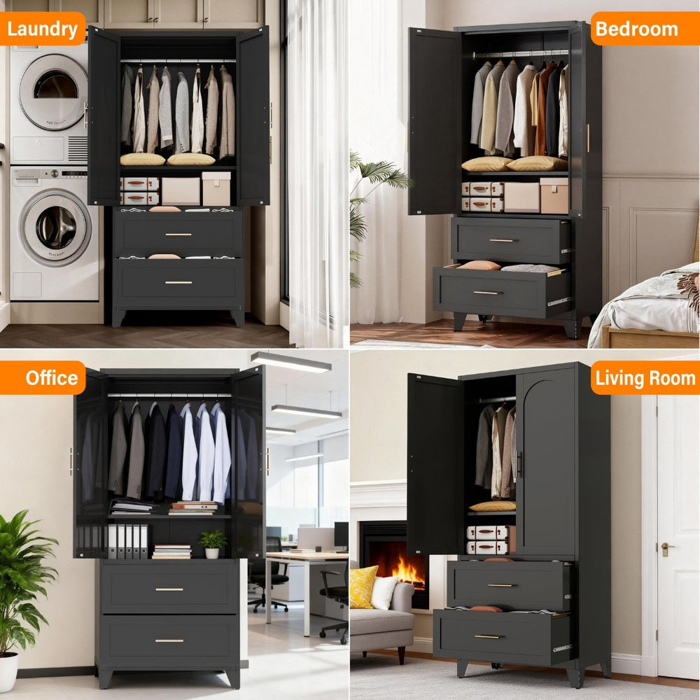 English Elm 71" Steel Wardrobe with Hanging Rod Two Drawers and Shelf for Compact Bedroom W3387P411306