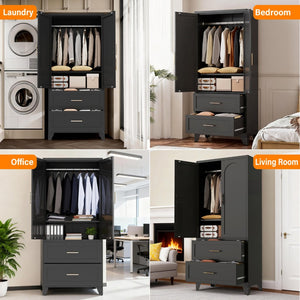 English Elm 71" Steel Wardrobe with Hanging Rod Two Drawers and Shelf for Compact Bedroom W3387P411306