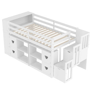 English Elm Twin Kids Low Loft Bed with Stair Drawers Built-in Led Shelving and Bear Handles W697S00039