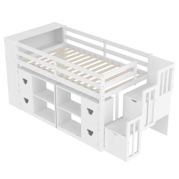 English Elm Twin Kids Low Loft Bed with Stair Drawers Built-in Led Shelving and Bear Handles W697S00039