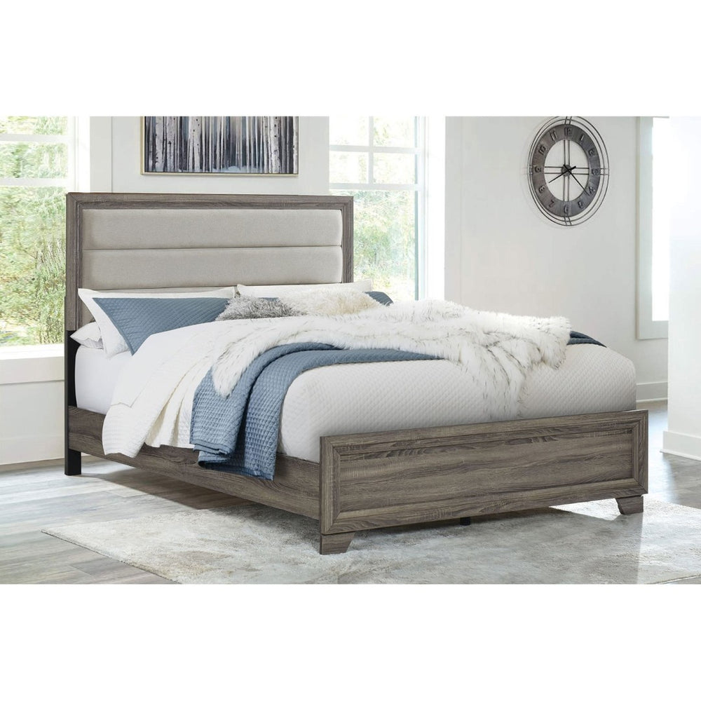 English Elm Funston Queen Bed with Tan Upholstered Headboard and Warm Oak Grain Wood Frame B062S01715