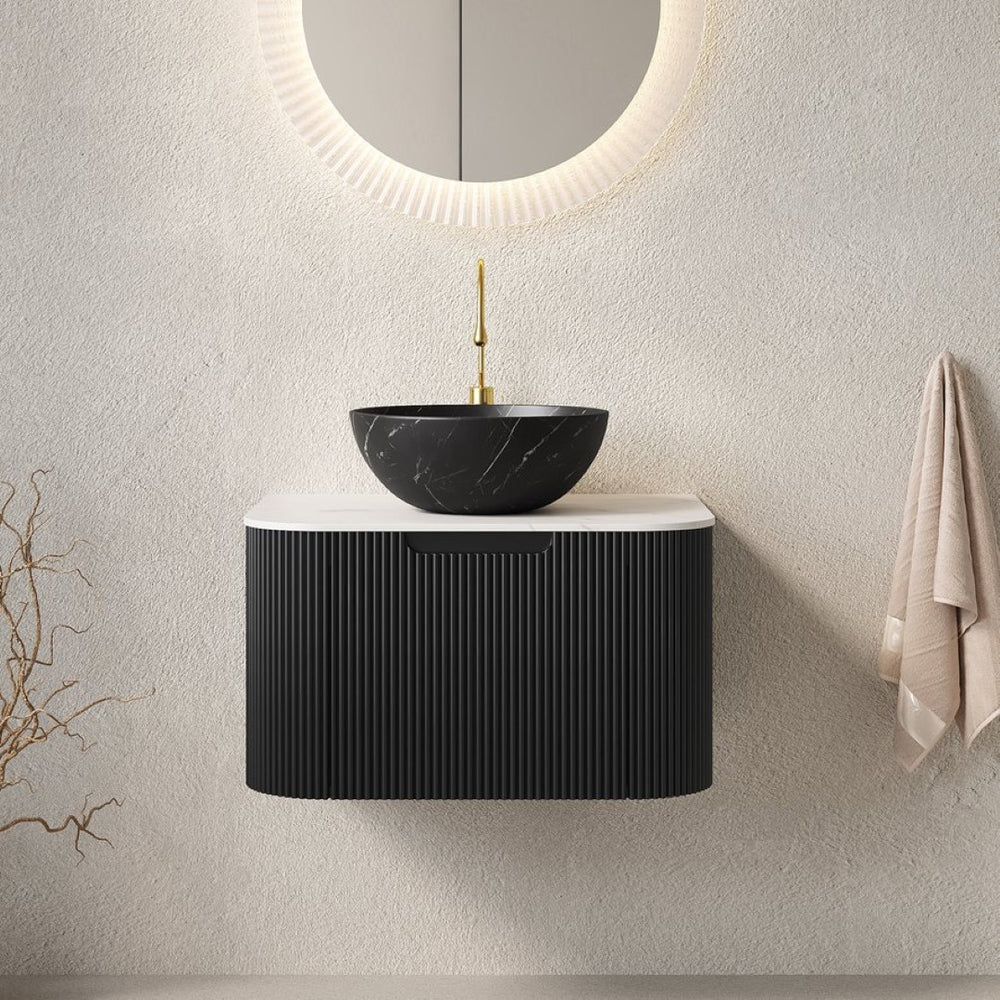 English Elm Dina Floating Bathroom Vanity with Sintered Stone Top and Crystal Glass Basin Carrara White,White+Black W2615S00407