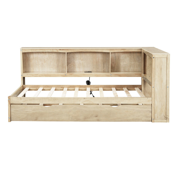 English Elm Twin Size Daybed with Trundle, Built-In Storage Cabinets, Curved Details and Dual USB Ports for Small Spaces Wood GX000353AAD