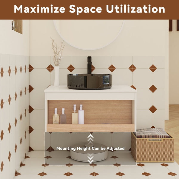 English Elm 30" Floating Wall Mount Bathroom Vanity Open Shelf Ceramic Vessel Sink Modern White White + Light Oak,White+Black W3450S00060