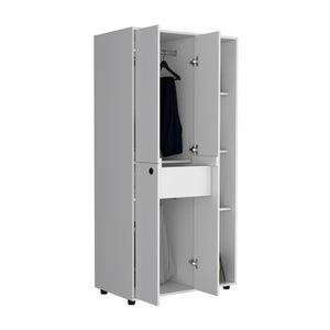 English Elm Misuri Multi-Function Wardrobe Armoire with Double Doors, Drawer, Hanging Rods and Open Shelves White 74 L x 24 W x 2 H B200S00287