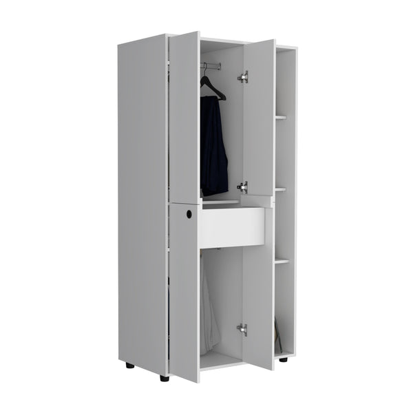 English Elm Misuri Multi-Function Wardrobe Armoire with Double Doors, Drawer, Hanging Rods and Open Shelves White 74 L x 24 W x 2 H B200S00287