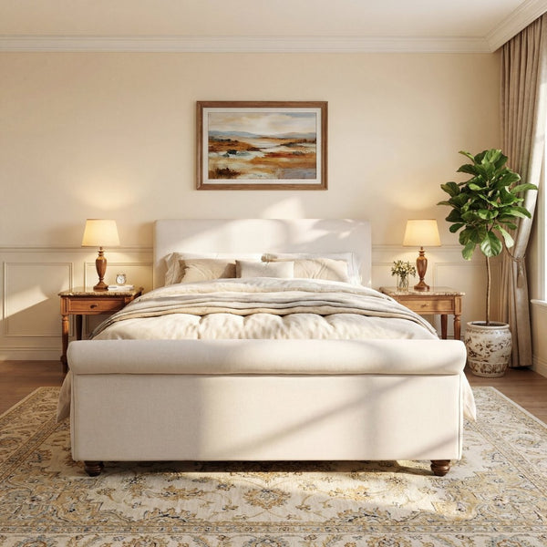 English Elm Queen Linen Upholstered Bed Frame Thick Rolled Headboard Solid Rubberwood Legs Bedroom Beige N757Q384827I