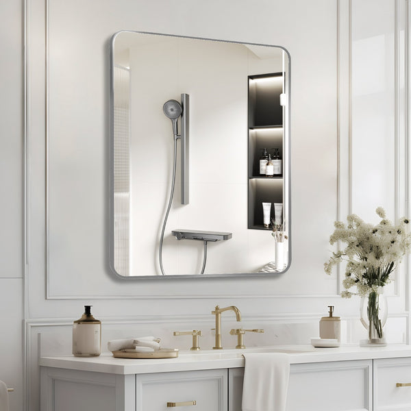 English Elm Silver 30x40 Rectangular Bathroom Wall Mirror - 4mm HD Shatterproof Glass, Brushed Aluminum Frame, Rust-Resistant Hooks W2203P310397