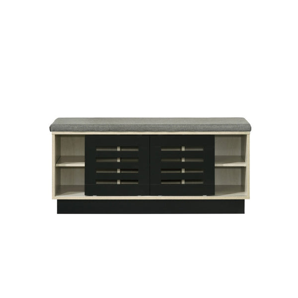 English Elm 38.5"w Oak Entryway Shoe Cabinet Sliding Doors Upholstered Bench Seat Storage B016P416189