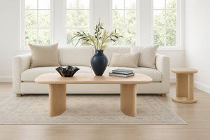 Alpine Furniture Gabrielle Solid Rubberwood Coffee Table, Light Oak Finish — Sculptural Rounded Rectangular Top 4225-61