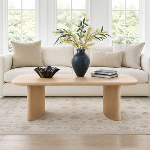 Alpine Furniture Gabrielle Solid Rubberwood Coffee Table, Light Oak Finish — Sculptural Rounded Rectangular Top 4225-61