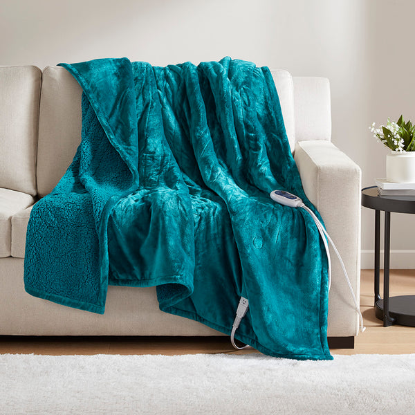 JLA Home Beautyrest - Throw Beautyrest Heated Oversized Microlight-to-Berber Blanket with Secure Comfort, Low EMF, 5yr Warranty Teal BR54-1926