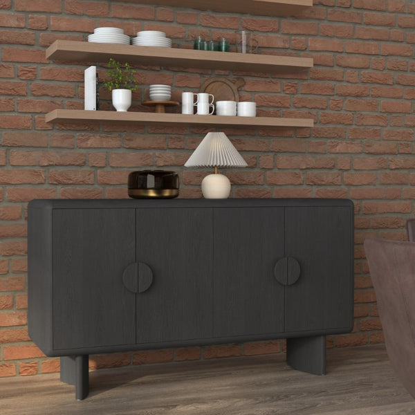 Alpine Furniture Gabrielle Scandinavian Sideboard With Spacious Cabinets, Solid Rubberwood & Oak Veneer For Durable Style Black 4225BLK-06