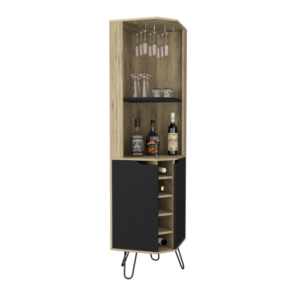 English Elm Corner Corner Cabinet with Six-Bottle Wine Rack, Shelves & Cup Rack in Macadamia/Black — FSC Certified Storage Solution B097S00165