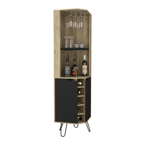 English Elm Corner Corner Cabinet with Six-Bottle Wine Rack, Shelves & Cup Rack in Macadamia/Black — FSC Certified Storage Solution B097S00165