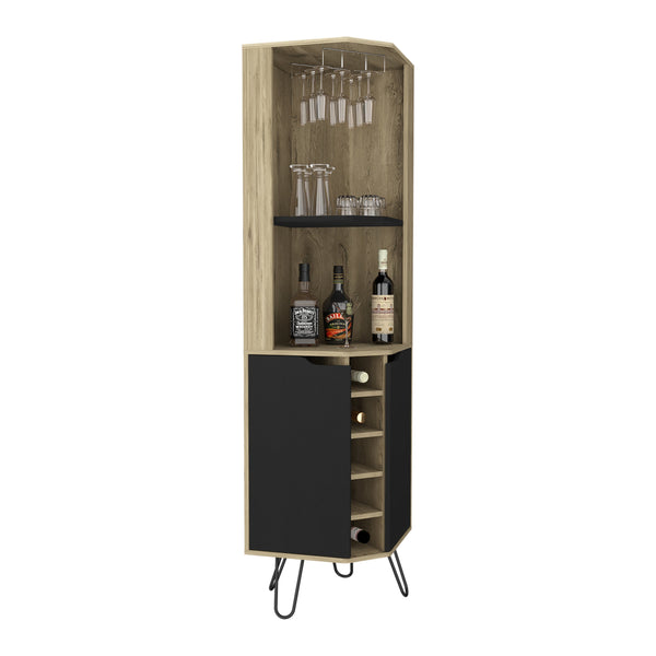 English Elm Corner Corner Cabinet with Six-Bottle Wine Rack, Shelves & Cup Rack in Macadamia/Black — FSC Certified Storage Solution B097S00165