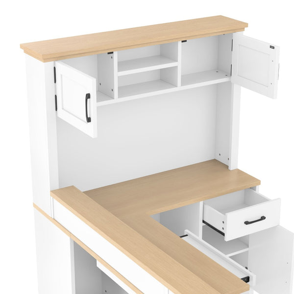 English Elm L-shaped Corner Computer Desk with Built-in Outlets Drawers and Open Shelving Storage W1580S00269
