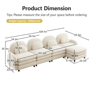 English Elm Teddy Fleece Curved Modular Sectional Sofa with Ottoman Four Seat Cloud Comfort Beige White W5656S00087