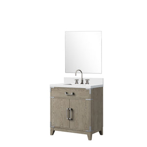 English Elm Grey Oak Single Bath Vanity with White Quartz Top, 30" W, Mirror & Chrome Faucet Set, Durable Finish B2731S02006