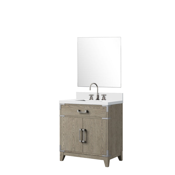 English Elm Grey Oak Single Bath Vanity with White Quartz Top, 30" W, Mirror & Chrome Faucet Set, Durable Finish B2731S02006