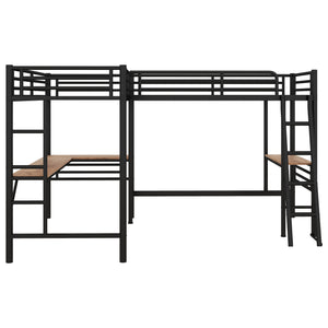 English Elm Twin Metal Loft Bed with Two Built-In Desks, Black — Space-Saving L-Shaped Twin Bunk for Study & Sleep GX001114AAB-1