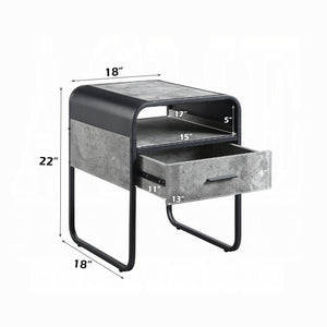 English Elm Modern Minimalist End Table With Drawer & Open Shelf - Sleek Black Metal Frame & Faux Concrete Top B2741P337032