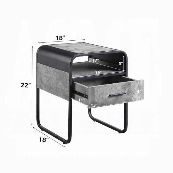 English Elm Modern Minimalist End Table With Drawer & Open Shelf - Sleek Black Metal Frame & Faux Concrete Top B2741P337032